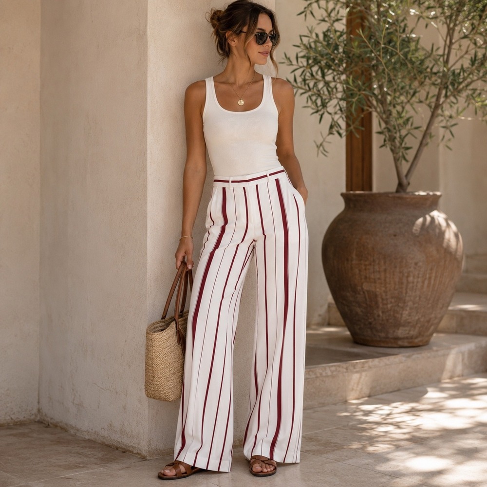 Banana Republic Blake Striped Wide Leg Dress Pants White Red Size 6